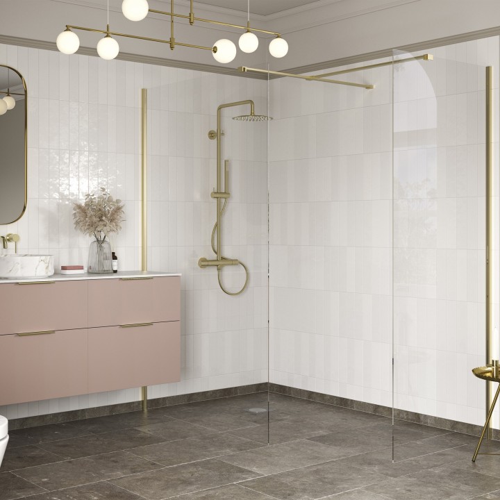 Lowri Brushed Brass 8mm Wetroom Panels & Support Bar - 9 Sizes