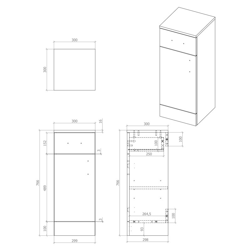 Kanazawa 300mm (w) 1 Drawer  1 Door Base Unit - White Gloss - Technical Drawing