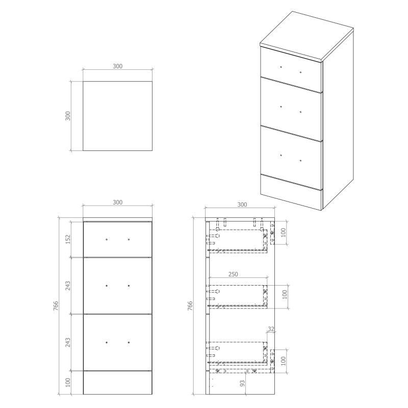 Kanazawa 300mm (w) 3 Drawer Base Unit - White Gloss - Technical Drawing