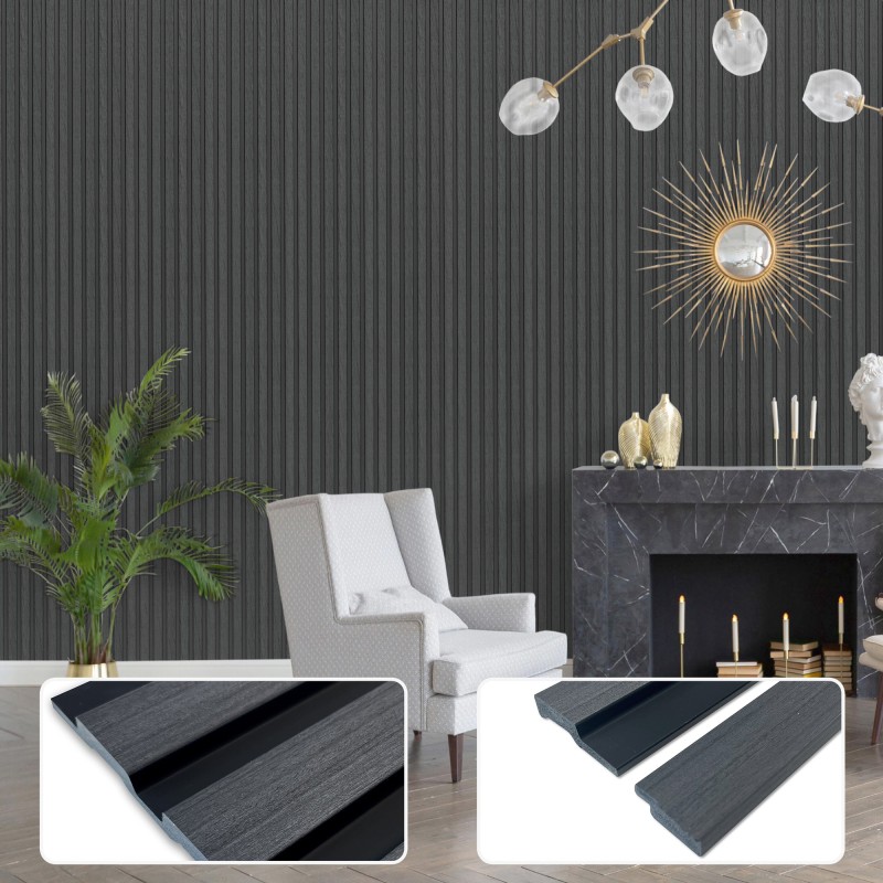 Charcoal - Waterproof PVC Slatted Decorative Interior Wall Panels - 300mm (w) x 2600mm (h)