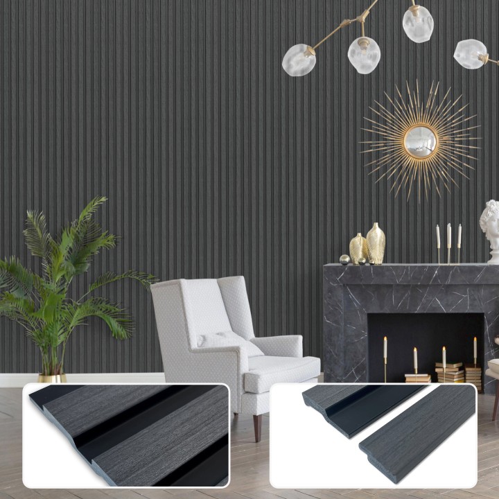 Charcoal - Waterproof PVC Slatted Decorative Interior Wall Panels - 300mm (w) x 2600mm (h)
