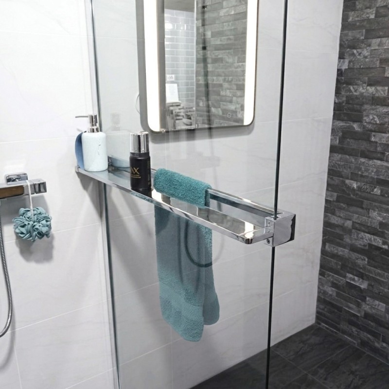 1200mm (w) Chrome Wetroom Wraparound Towel Holder & Shelf (Cut to Size) - closeup