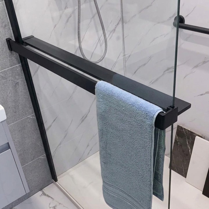 1200mm (w) Matt Black Wetroom Wraparound Towel Holder & Shelf (Cut to Size) - closeup