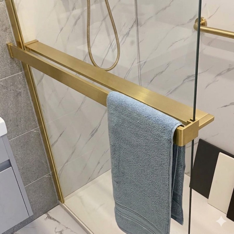 1200mm (w) Brushed Brass Wetroom Wraparound Towel Holder & Shelf (Cut to Size) - closeup