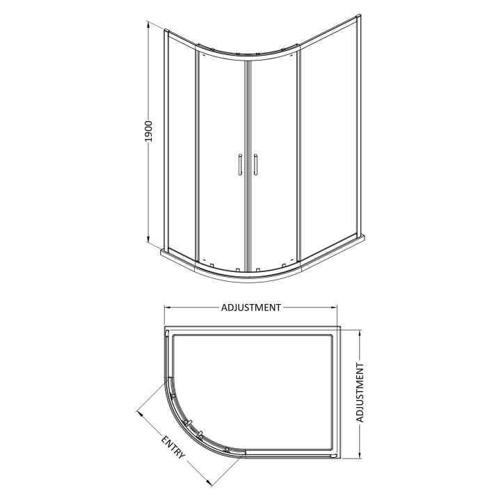 Brushed Pewter Rene Offset Quadrant Shower Enclosures - Technical Drawing