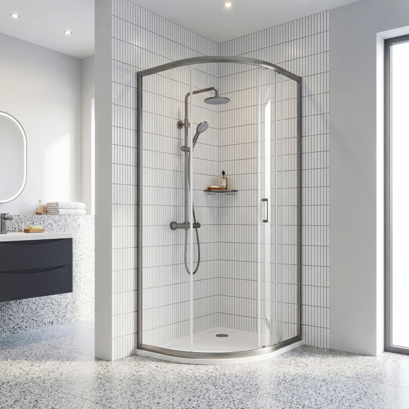 Brushed Pewter Rene 6mm Single Door Quadrant Shower Enclosure - 900mm - Insitu