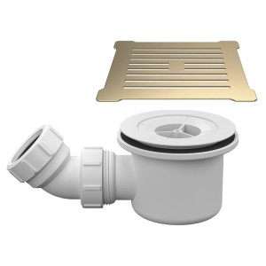 Brushed Brass Low Profile Square Shower Tray Cover & White Waste