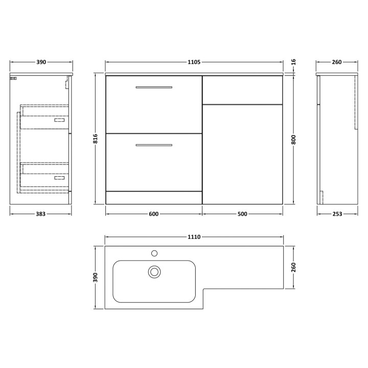 Arno 1100mm Freestanding Bathroom Combination Drawer Vanity Unit – Basin & WC Set