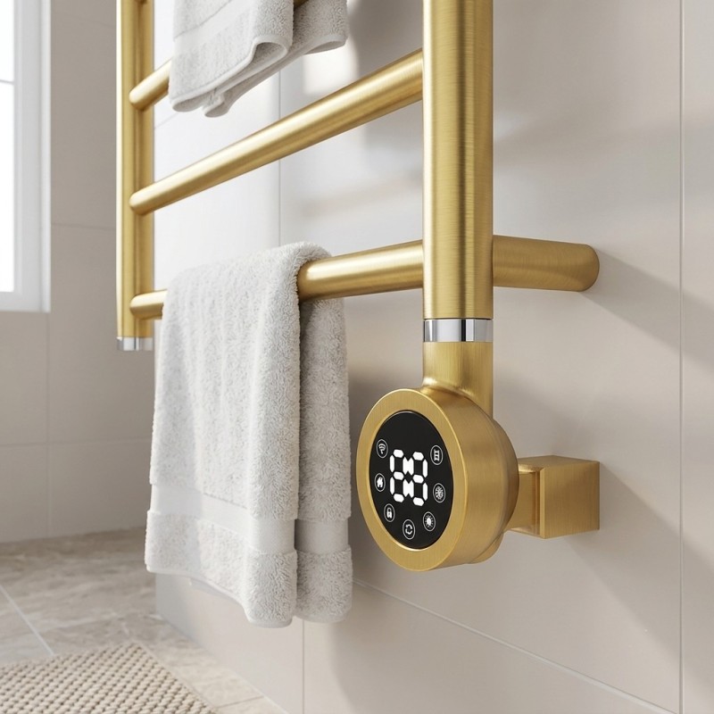 Brass Cleo Round Smart WIFI Thermostatic Electric Heating Element - closeup