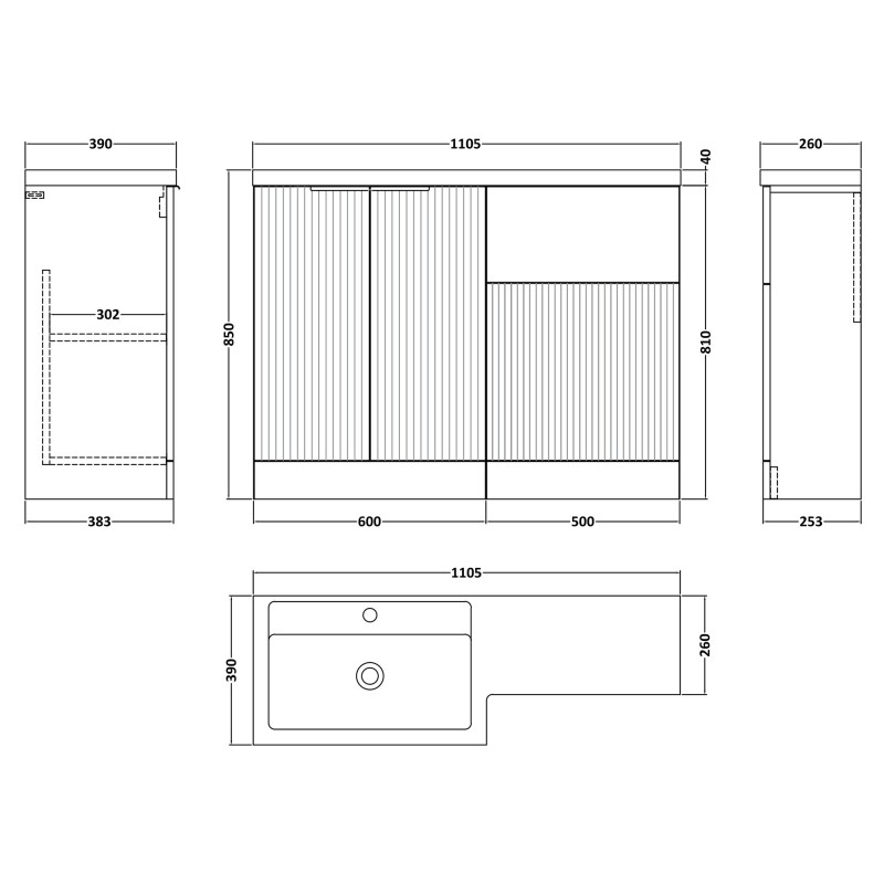 Fluted 1100mm Freestanding Bathroom Combination Drawer Vanity Unit – Basin & WC Set