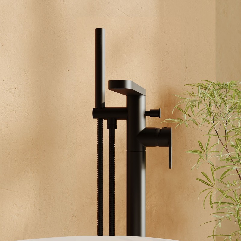 Cyprus Matt Black Freestanding Fluted Single Lever Bath/Shower Mixer & Hand Shower