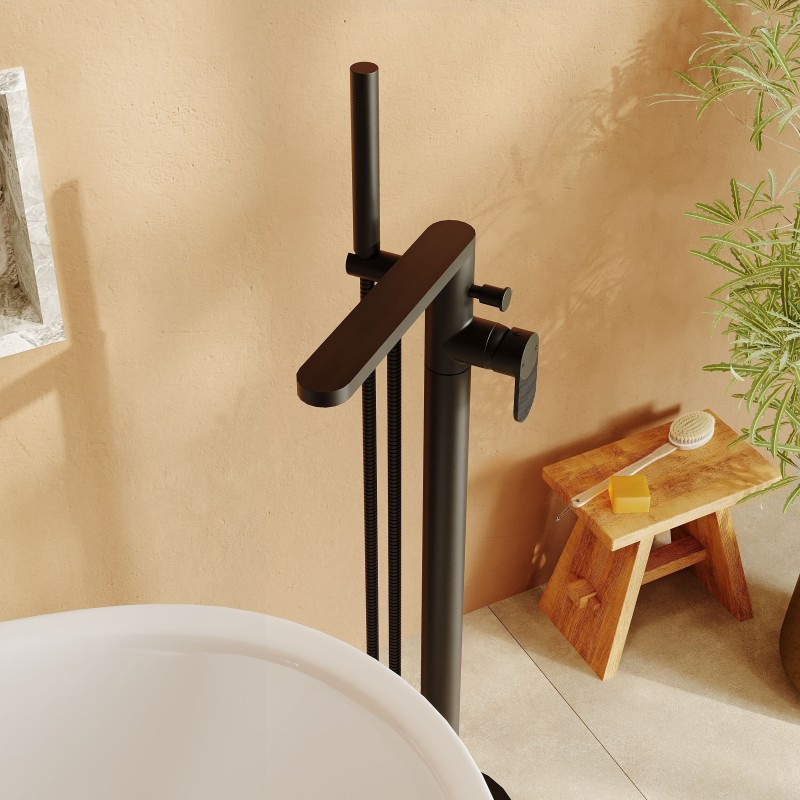 Cyprus Matt Black Freestanding Fluted Single Lever Bath/Shower Mixer & Hand Shower