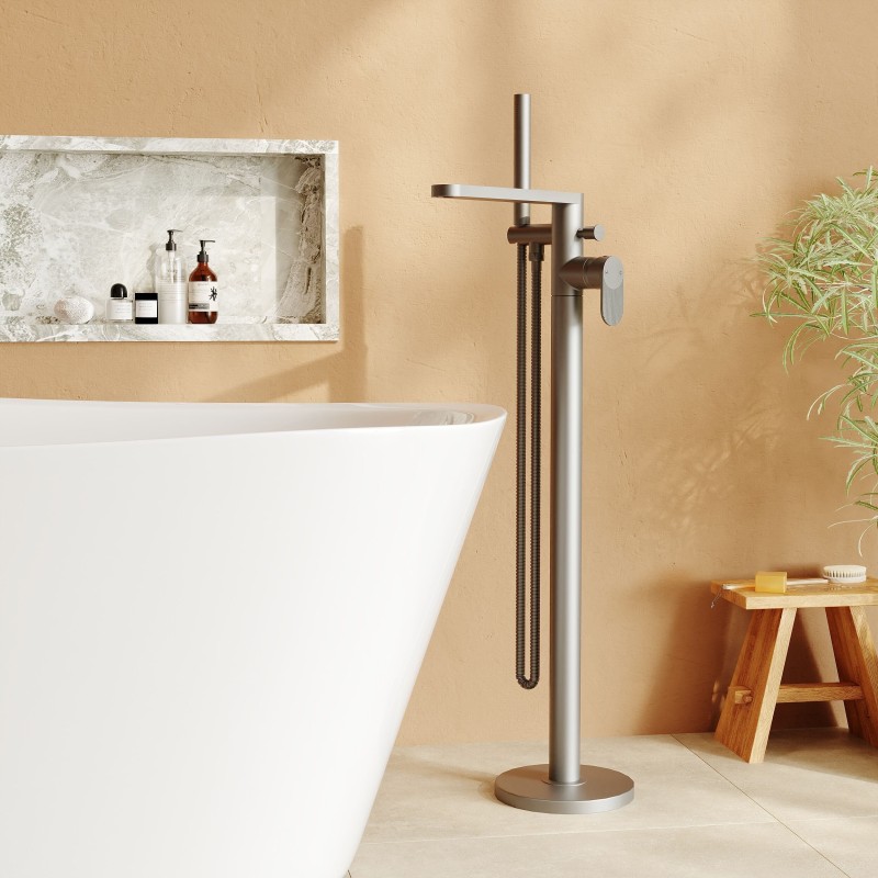 Cyprus Brushed Pewter Freestanding Fluted Single Lever Bath/Shower Mixer & Hand Shower - Insitu