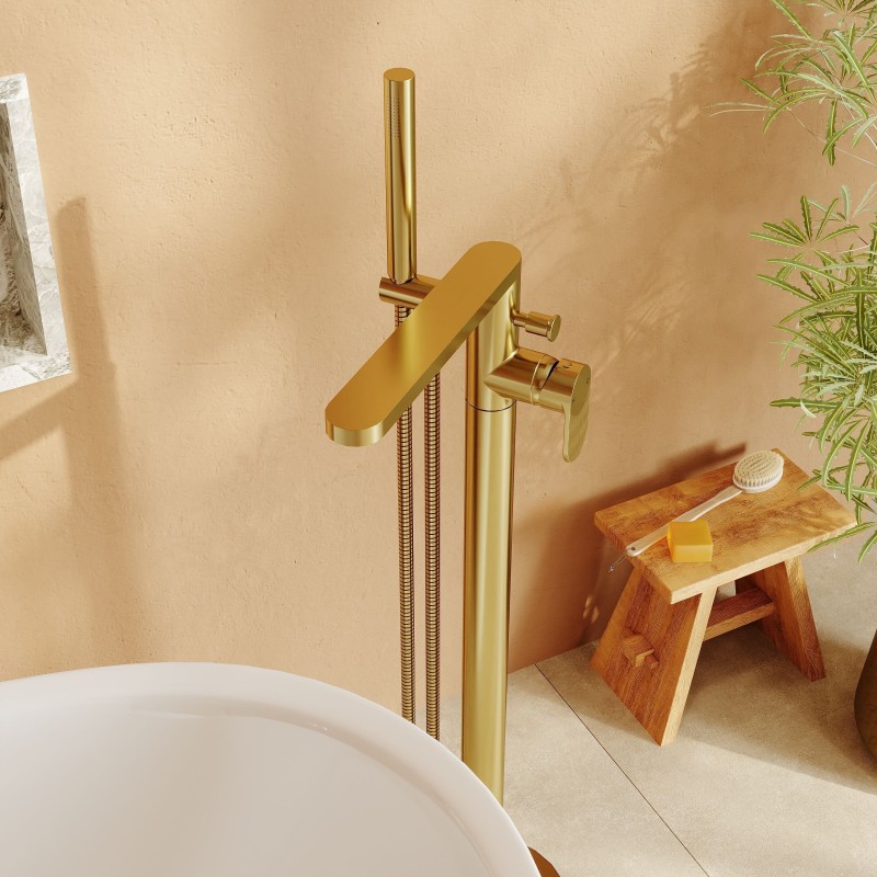 Cyprus Brushed Brass Freestanding Fluted Single Lever Bath/Shower Mixer & Hand Shower