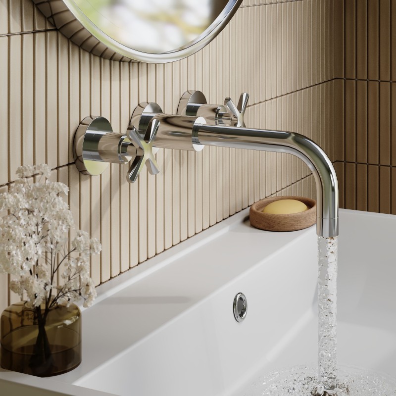 Aztec Chrome Wall Mounted 3 Tap Hole Basin Mixer Tap - Insitu