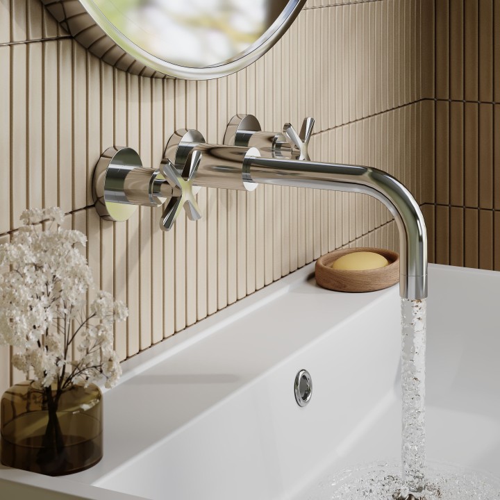 Aztec Chrome Wall Mounted 3 Tap Hole Basin Mixer Tap - Insitu