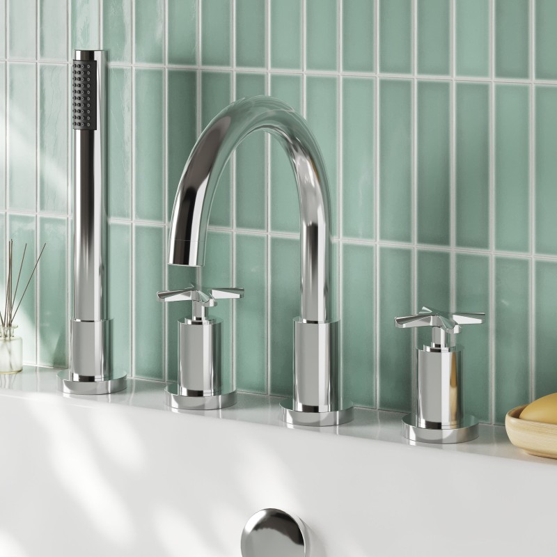 Aztec Chrome Cross Head Deck Mounted Hot/Cold 4 Tap Hole Bath Filler & Hand Shower - Insitu