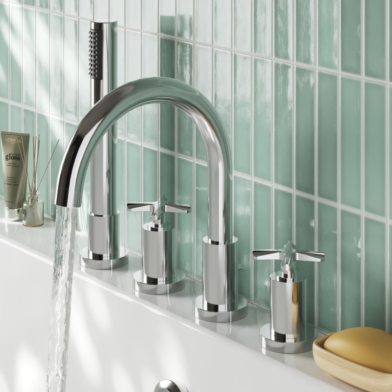 Aztec Chrome Cross Head Deck Mounted Hot/Cold 4 Tap Hole Bath Filler & Hand Shower - Insitu
