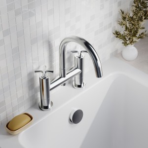 Aztec Chrome Twin Lever & Spout Deck Mounted Bath Filler Tap