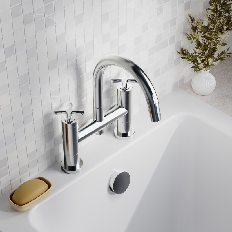 Aztec Chrome Twin Lever & Spout Deck Mounted Bath Filler Tap - Insitu