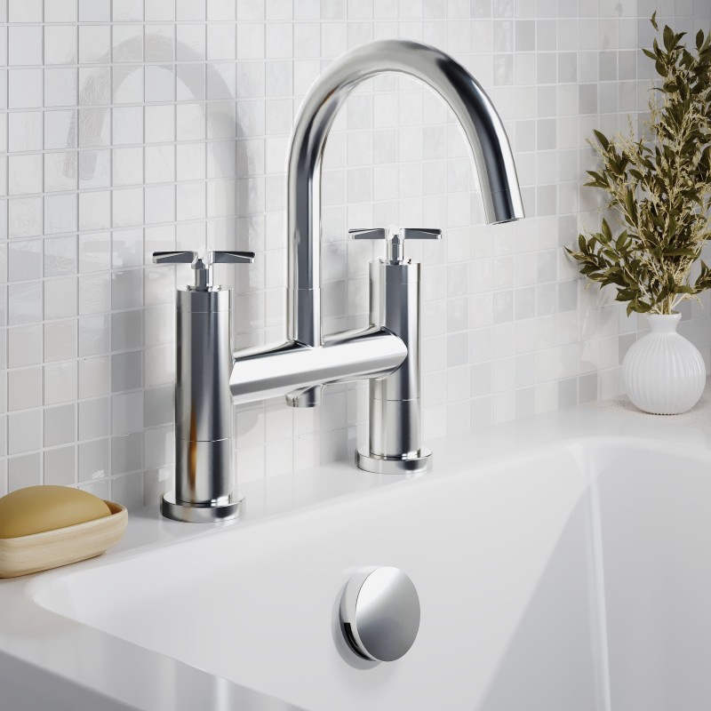 Aztec Chrome Twin Lever & Spout Deck Mounted Bath Filler Tap - Insitu