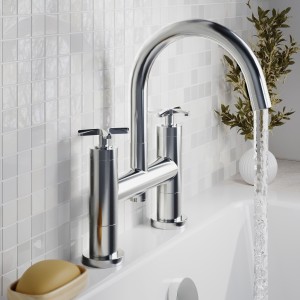 Aztec Chrome Twin Lever & Spout Deck Mounted Bath Filler Tap