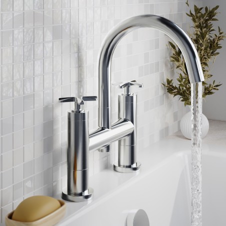 Aztec Chrome Twin Lever & Spout Deck Mounted Bath Filler Tap - Insitu