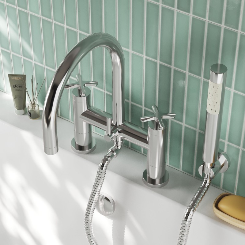 Aztec Twin Lever Chrome Deck Mounted Bath/Shower Mixer with Hand Shower & Parking Bracket - Insitu