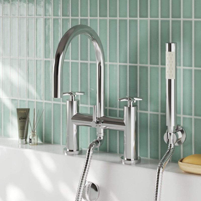 Aztec Twin Lever Chrome Deck Mounted Bath/Shower Mixer with Hand Shower & Parking Bracket - Insitu