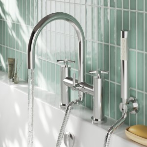 Aztec Twin Lever Chrome Deck Mounted Bath/Shower Mixer with Hand Shower & Parking Bracket