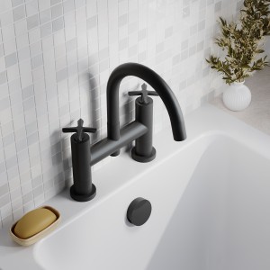 Aztec Matt Black Twin Lever & Spout Deck Mounted Bath Filler Tap
