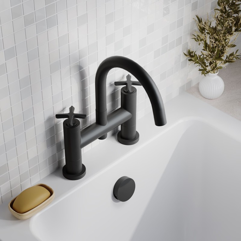 Aztec Matt Black Twin Lever & Spout Deck Mounted Bath Filler Tap - Insitu