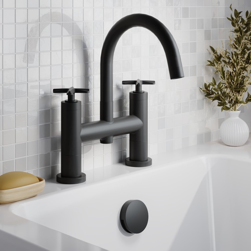 Aztec Matt Black Twin Lever & Spout Deck Mounted Bath Filler Tap - Insitu