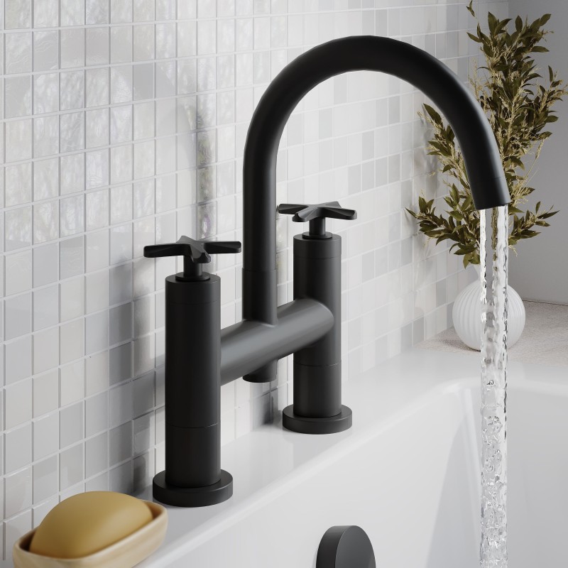 Aztec Matt Black Twin Lever & Spout Deck Mounted Bath Filler Tap - Insitu