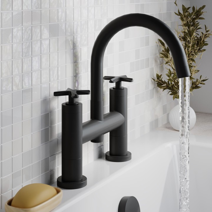 Aztec Matt Black Twin Lever & Spout Deck Mounted Bath Filler Tap - Insitu