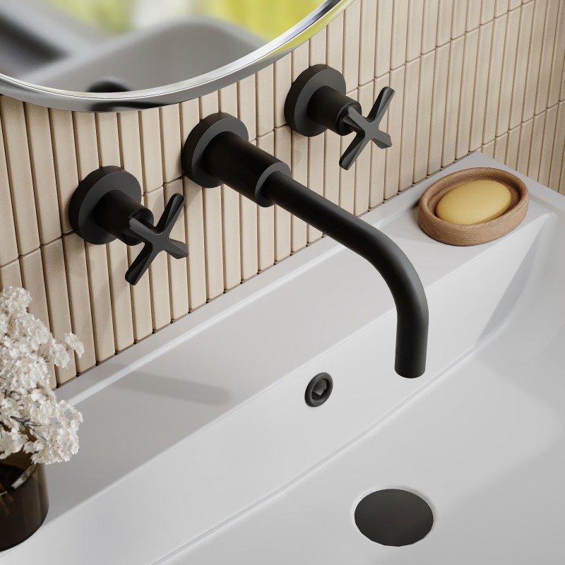 Aztec Matt Black Wall Mounted 3 Tap Hole Basin Mixer Tap - Insitu