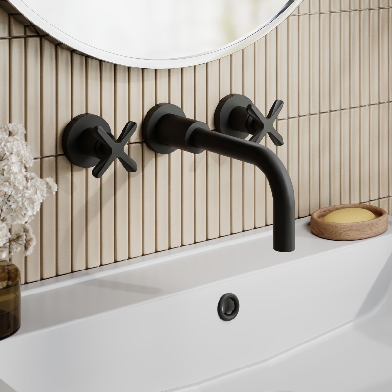 Aztec Matt Black Wall Mounted 3 Tap Hole Basin Mixer Tap - Insitu