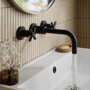 Aztec Matt Black Wall Mounted 3 Tap Hole Basin Mixer Tap