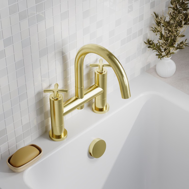 Aztec Brushed Brass Twin Lever & Spout Deck Mounted Bath Filler Tap - Insitu