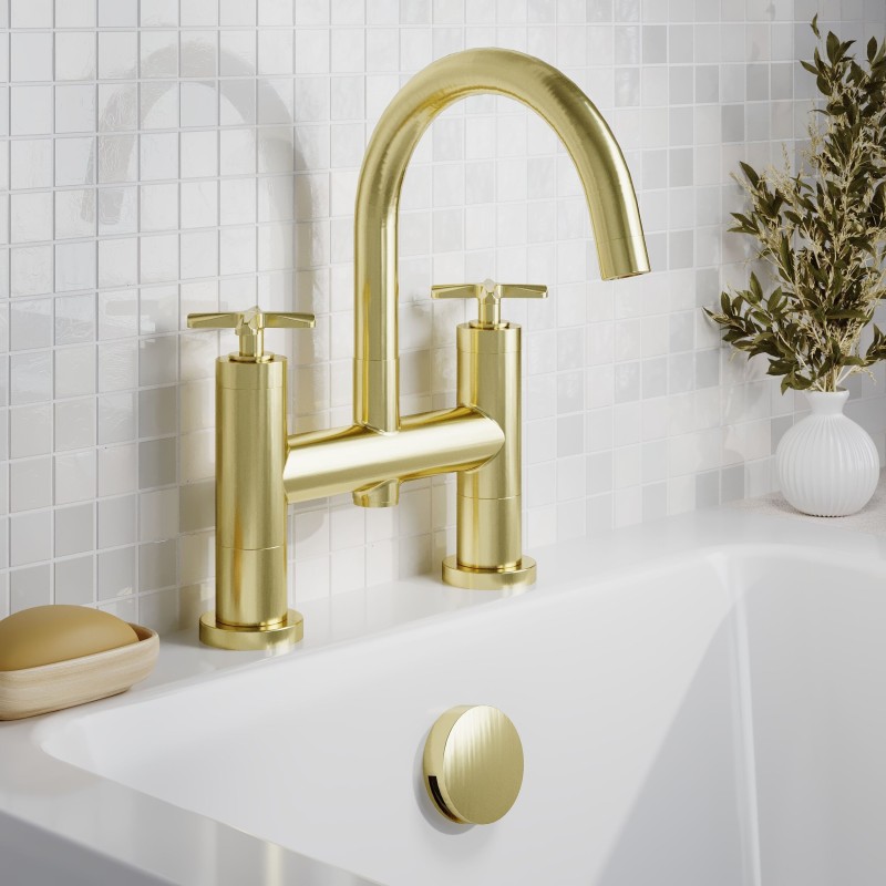 Aztec Brushed Brass Twin Lever & Spout Deck Mounted Bath Filler Tap - Insitu