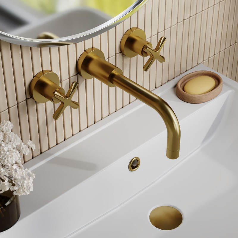 Aztec Brushed Brass Wall Mounted 3 Tap Hole Basin Mixer Tap - Insitu