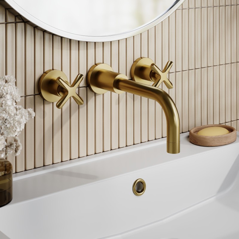 Aztec Brushed Brass Wall Mounted 3 Tap Hole Basin Mixer Tap - Insitu