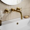 Aztec Brushed Brass Wall Mounted 3 Tap Hole Basin Mixer Tap - Insitu