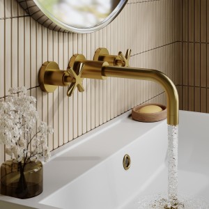 Aztec Brushed Brass Wall Mounted 3 Tap Hole Basin Mixer Tap