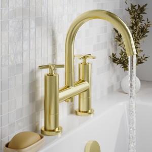 Aztec Brushed Brass Twin Lever & Spout Deck Mounted Bath Filler Tap
