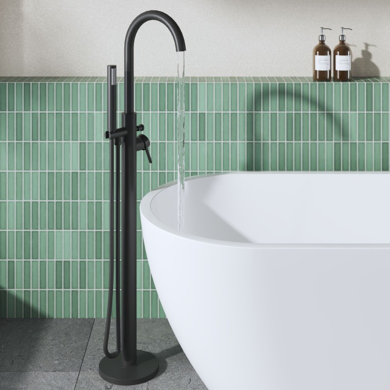 Aztec Matt Black Freestanding Single Lever Bath/Shower Mixer & Hand Shower - Insitu