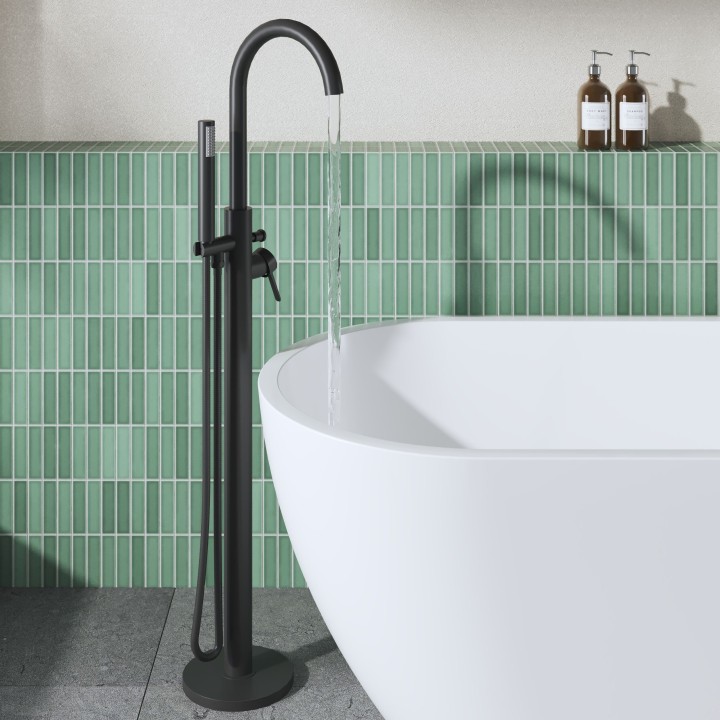Aztec Matt Black Freestanding Single Lever Bath/Shower Mixer & Hand Shower - Insitu