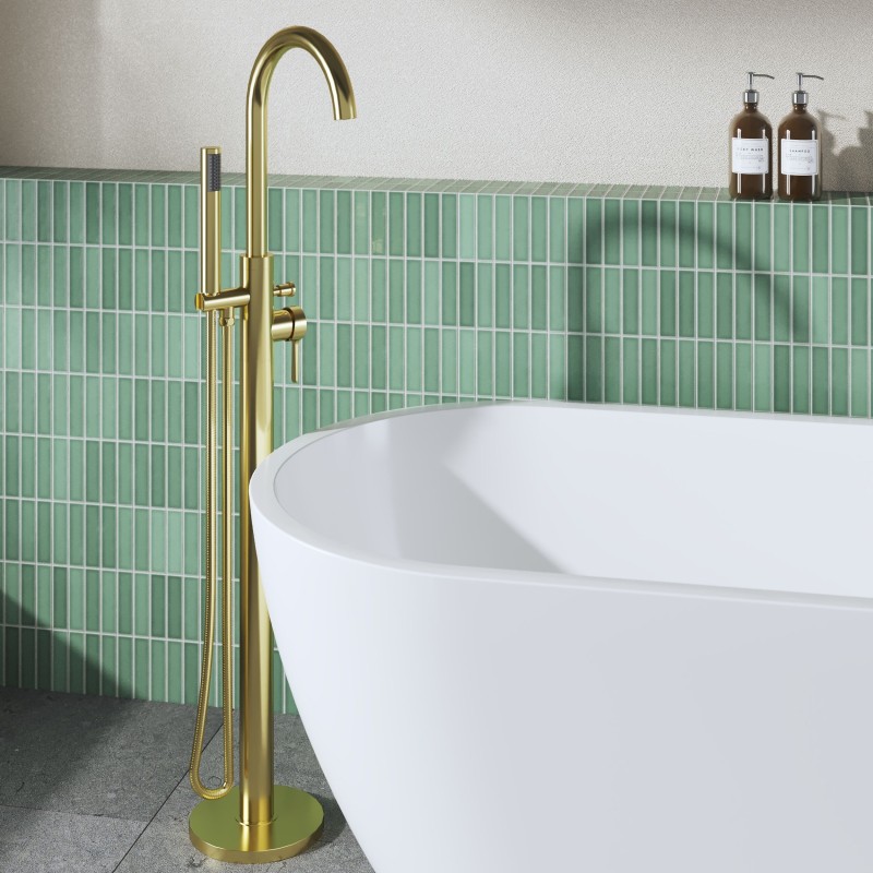 Aztec Brushed Brass Freestanding Single Lever Bath/Shower Mixer & Hand Shower - insitu