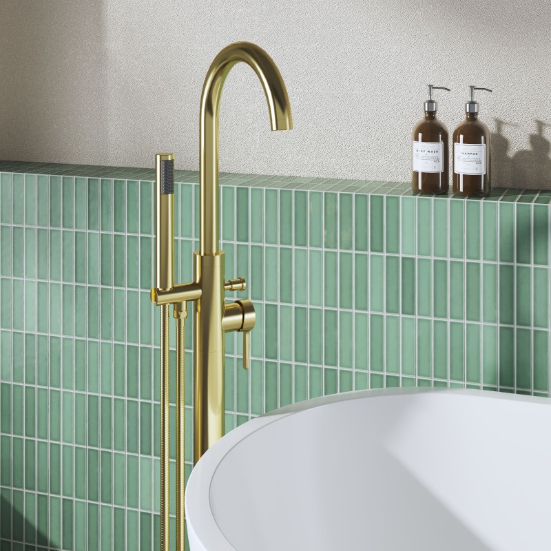 Aztec Brushed Brass Freestanding Single Lever Bath/Shower Mixer & Hand Shower - insitu