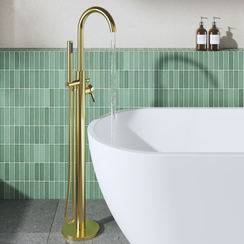 Aztec Brushed Brass Freestanding Single Lever Bath/Shower Mixer & Hand Shower - insitu